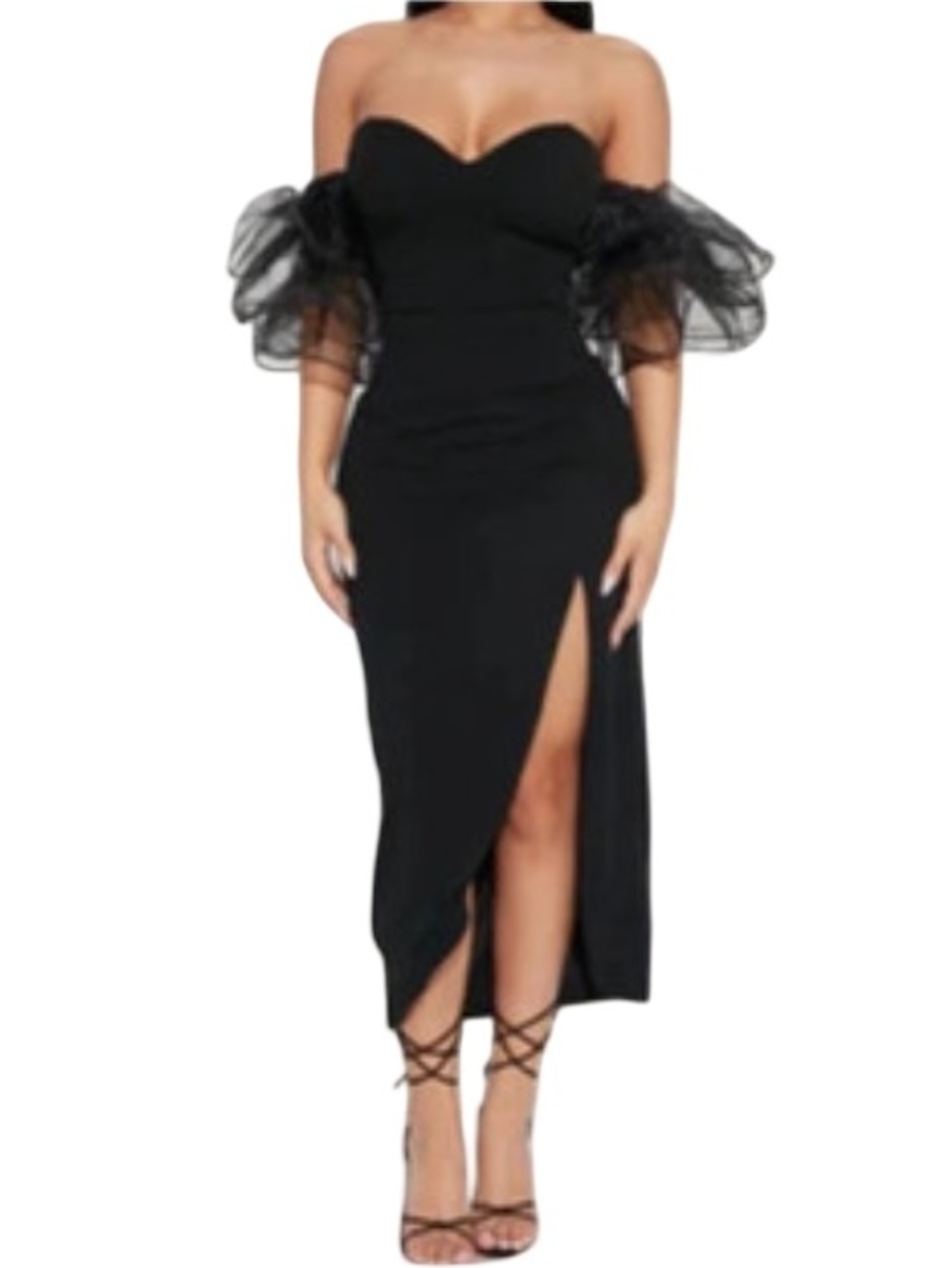 Fashion Nova Strapless Black Midi Dress with Tulle Puff Armband Sleeves